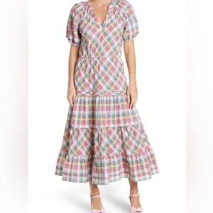 Betsey Johnson Pink Plaid Midi Dress Puff Sleeve Size M